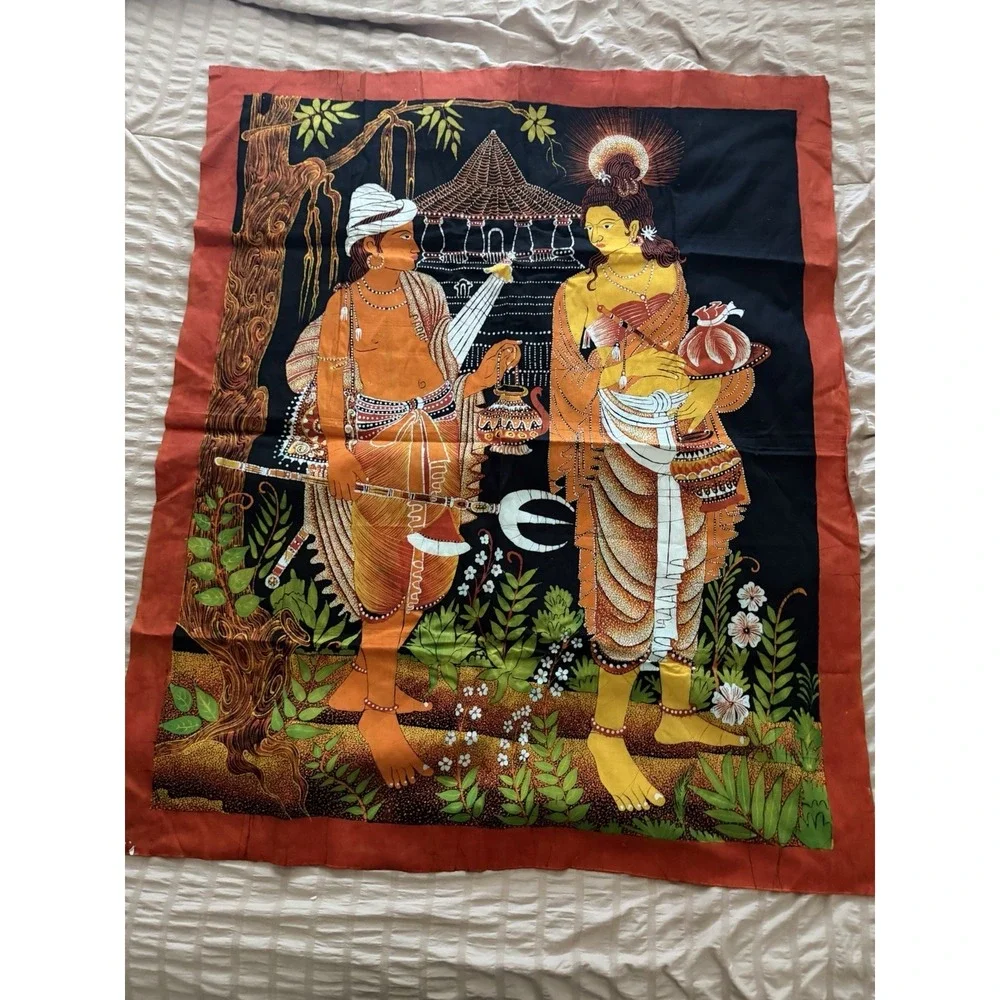 Hindu religious art vintage tapestry of 2 women, orange red, 41x35